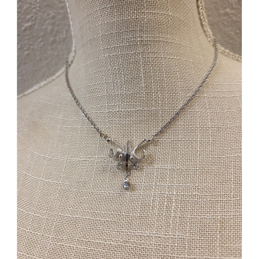 Vintage Formal Sterling Silver Bojar Filigree &‎ Crystal Statement Necklace